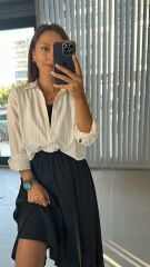 Krem Çizgili Gömlek Detaylı Midi Elbise