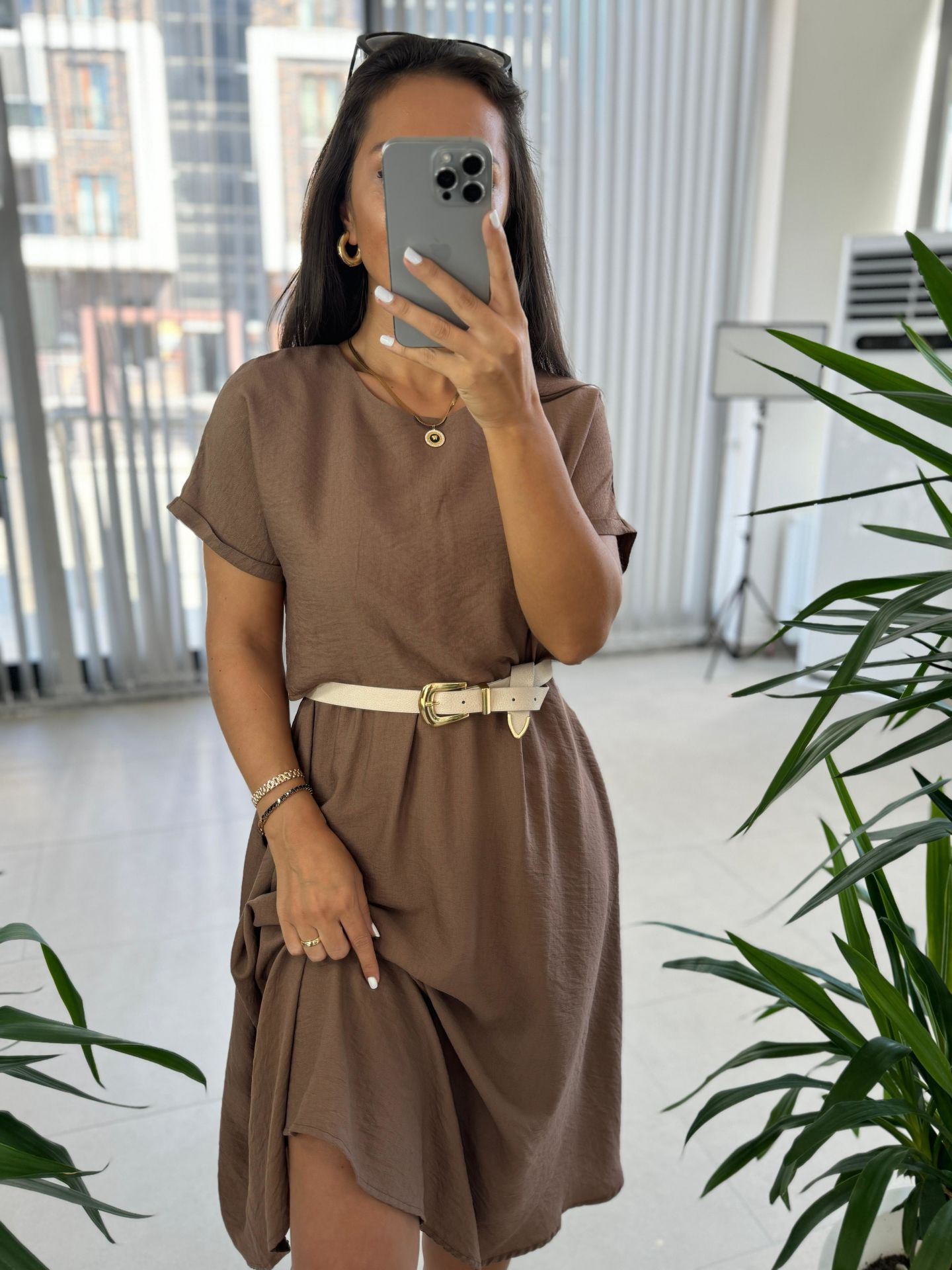 Ms Kahve Midi Bluzlu Elbise