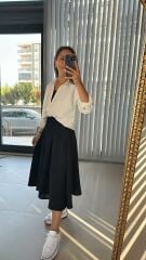 Krem Çizgili Gömlek Detaylı Midi Elbise