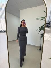 Qs 1004 Antrasit Bel Drapeli Kayık Yaka Kalem Elbise