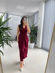 My 3698 Düğüm Detaylı Bordo Kalem Elbise