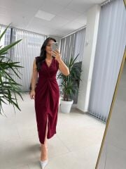 My 3698 Düğüm Detaylı Bordo Kalem Elbise