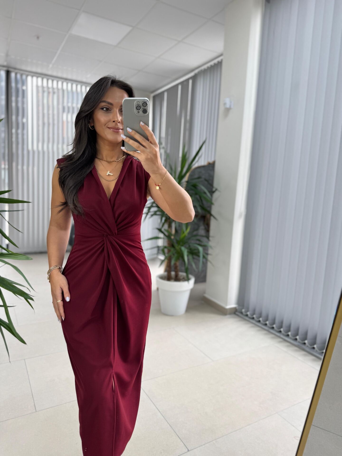 My 3698 Düğüm Detaylı Bordo Kalem Elbise