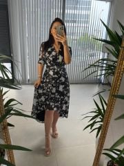 Mc 5740 Kruvaze Çiçekli Siyah Şifon Elbise