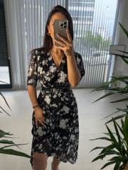 Mc 5740 Kruvaze Çiçekli Siyah Şifon Elbise