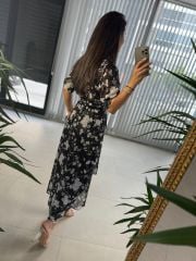 Mc 5740 Kruvaze Çiçekli Siyah Şifon Elbise