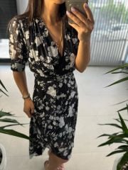 Mc 5740 Kruvaze Çiçekli Siyah Şifon Elbise