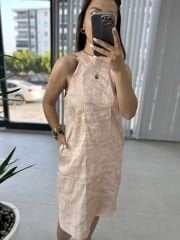 Halter yaka bej saten elbise