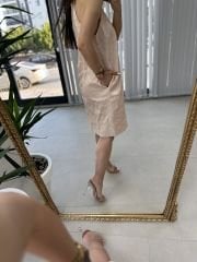 Halter yaka bej saten elbise