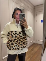 Mz 22746 Krem - Leopar Desenli Polar Sweat