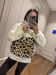 Mz 22746 Krem - Leopar Desenli Polar Sweat