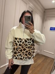 Mz 22746 Krem - Leopar Desenli Peluş Sweat