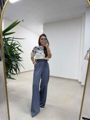 Mc 3016 Çapraz Düğme Detaylı Gri Pantolon