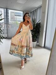 Np 6007 Nervür Detaylı İp Askılı Viskon Elbise