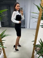 Ms Crep Bluzlu Beyaz Siyah Kalem Elbise