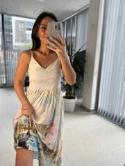 Np 6007 Nervür Detaylı İp Askılı Viskon Elbise