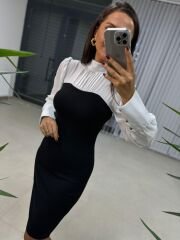 Ms Crep Bluzlu Beyaz Siyah Kalem Elbise