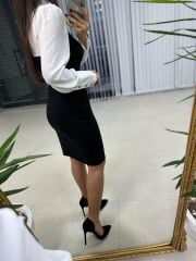 Ms Crep Bluzlu Beyaz Siyah Kalem Elbise
