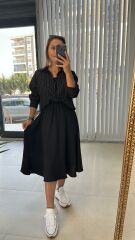 Siyah Çizgili Gömlek Detaylı Midi Elbise