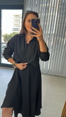 Siyah Çizgili Gömlek Detaylı Midi Elbise