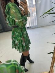 Ays Yeşil Zincir Detaylı Şifon Elbise