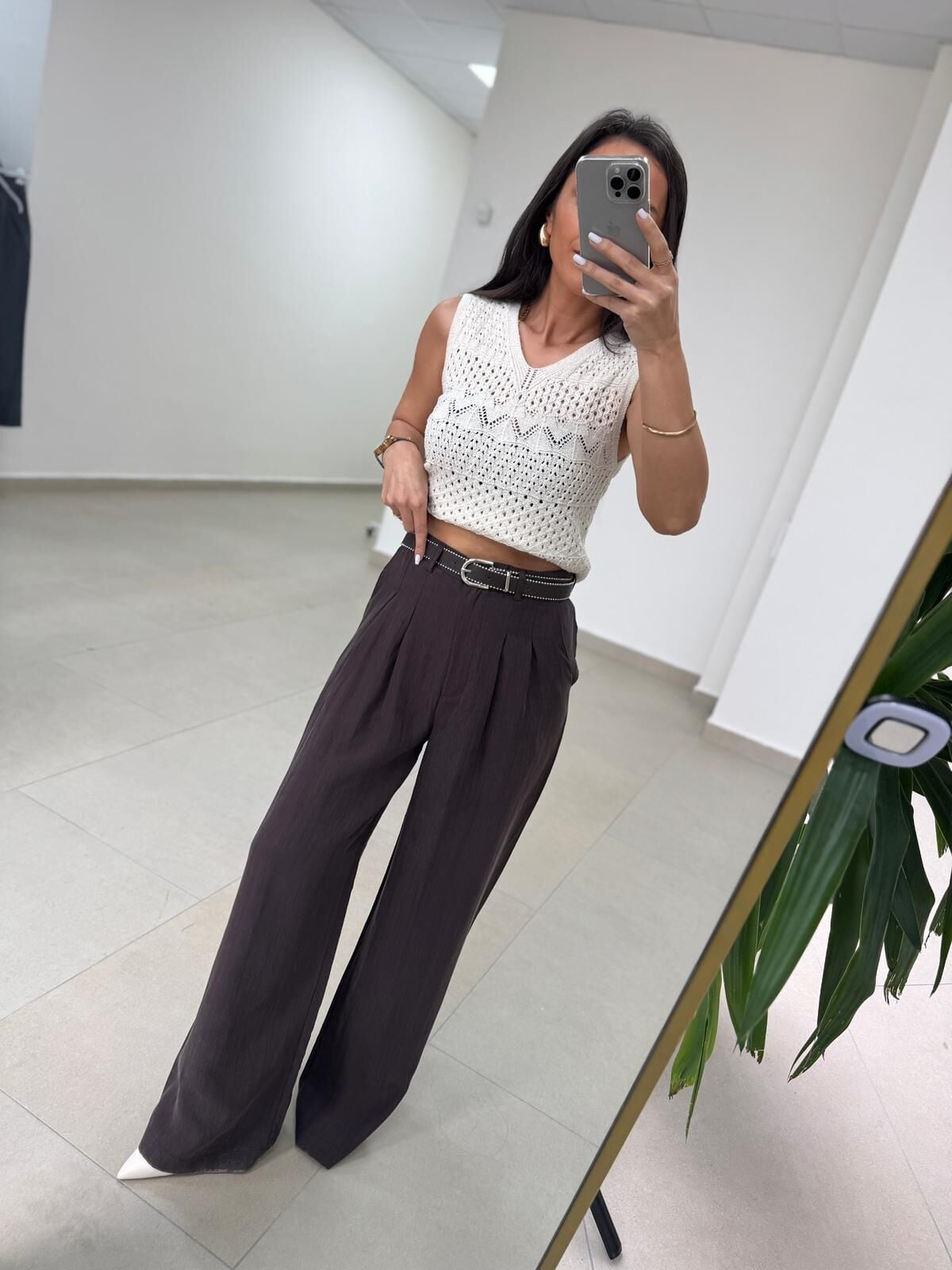 Rn 36630 Kemerli Pile Detaylı Kahve Palazzo Pantolon