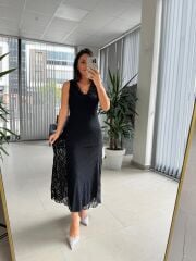 Bb 30066 Siyah V Yaka Fırfır Detaylı Dantel Elbise