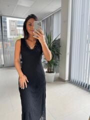 Bb 30066 Siyah V Yaka Fırfır Detaylı Dantel Elbise