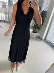 Bb 30066 Siyah V Yaka Fırfır Detaylı Dantel Elbise