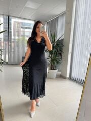 Bb 30066 Siyah V Yaka Fırfır Detaylı Dantel Elbise