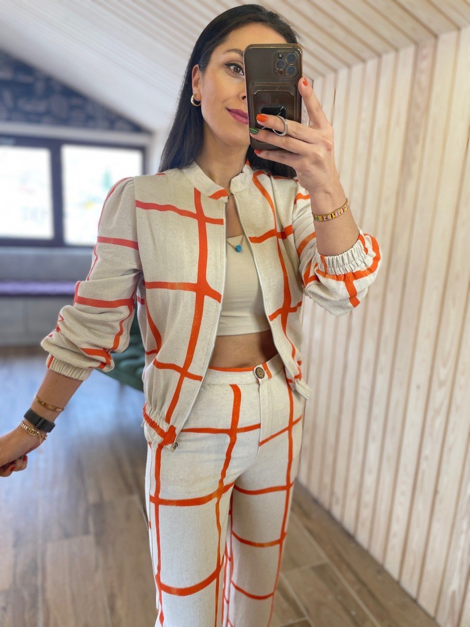 linen bomber orange suit