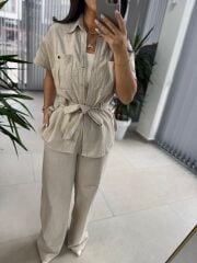 Fw 7207 Gold Düğmeli Keten Taş Takım