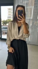 Vizon Çizgili Gömlek Detaylı Midi Elbise