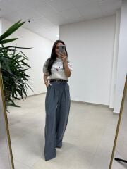 Ry 36630 Kemerli Pile Detaylı Gri Palazzo Pantlolon