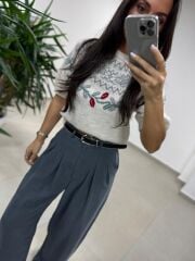 Ry 36630 Kemerli Pile Detaylı Gri Palazzo Pantolon