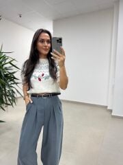 Ry 36630 Kemerli Pile Detaylı Gri Palazzo Pantlolon