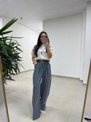 Ry 36630 Kemerli Pile Detaylı Gri Palazzo Pantolon