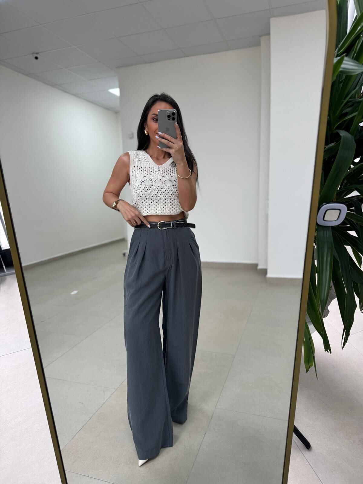 Ry 36630 Kemerli Pile Detaylı Gri Palazzo Pantolon