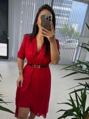 Mc 5740 Kruvaze Kırmızı Şifon Elbise