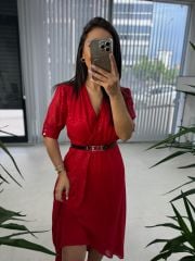 Mc 5740 Kruvaze Kırmızı Şifon Elbise