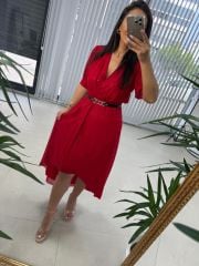 Mc 5740 Kruvaze Kırmızı Şifon Elbise