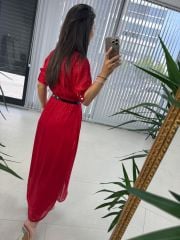 Mc 5740 Kruvaze Kırmızı Şifon Elbise