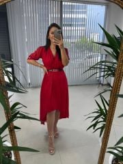 Mc 5740 Kruvaze Kırmızı Şifon Elbise