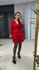 Ms Kırmızı Bel Drapeli Kat Kat Elbise