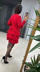 Ms Kırmızı Bel Drapeli Kat Kat Elbise