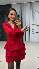 Ms Kırmızı Bel Drapeli Kat Kat Elbise