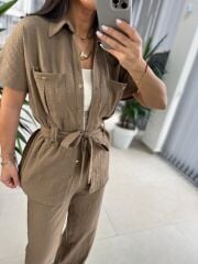 Fw 7207 Gold Düğmeli Keten Vizon Takım