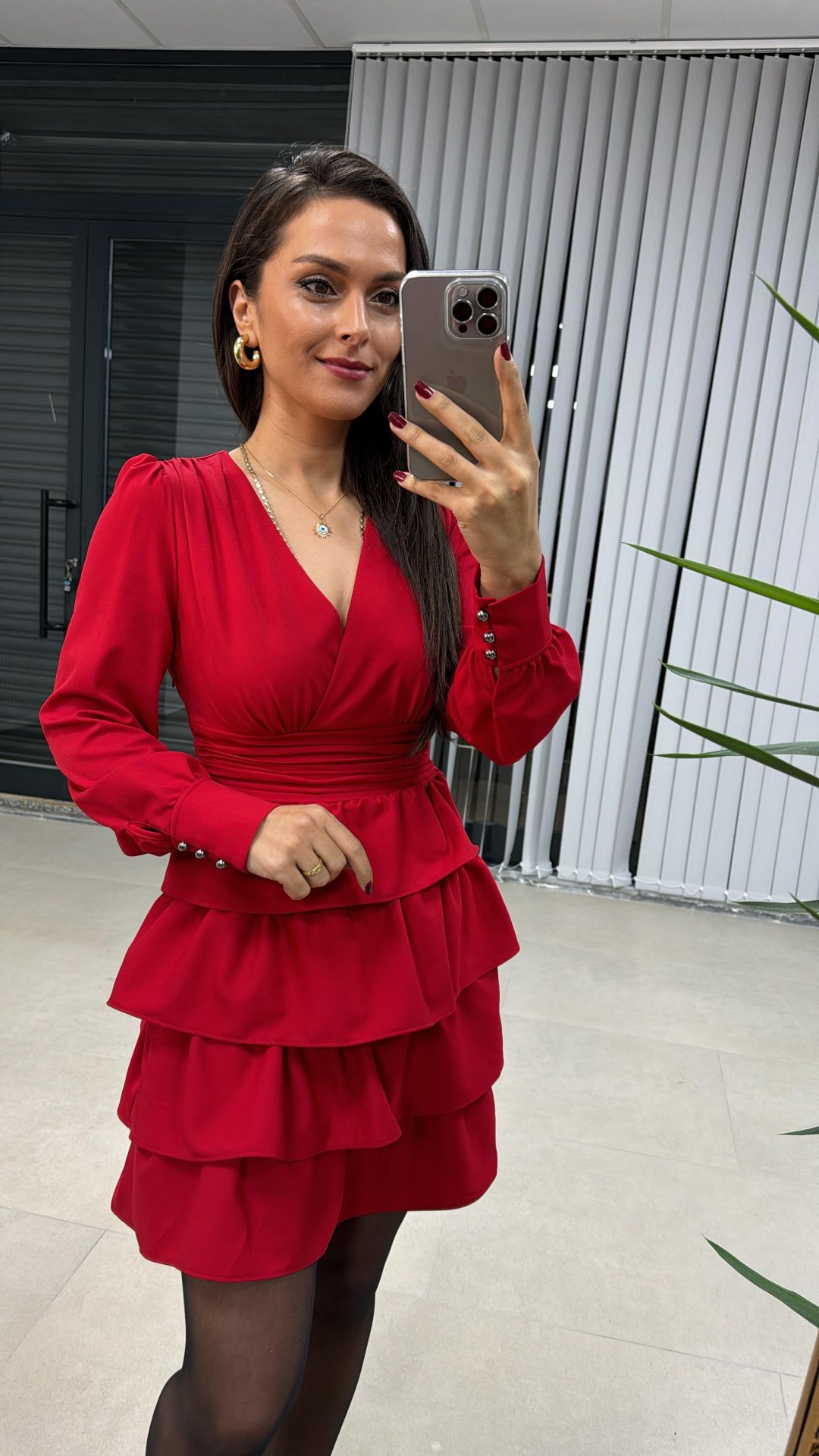 Ms Kırmızı Bel Drapeli Kat Kat Elbise