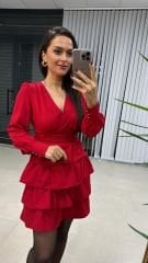 Ms Kırmızı Bel Drapeli Kat Kat Elbise
