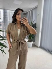 Fw 7207 Gold Düğmeli Keten Vizon Takım